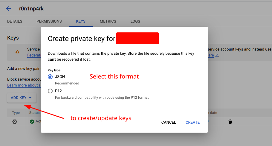 service Account keys creation