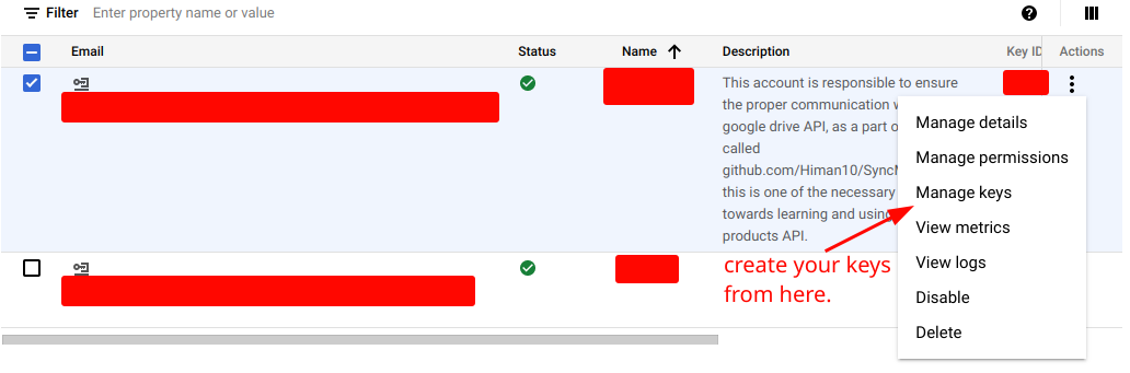 service Account MAnage keys