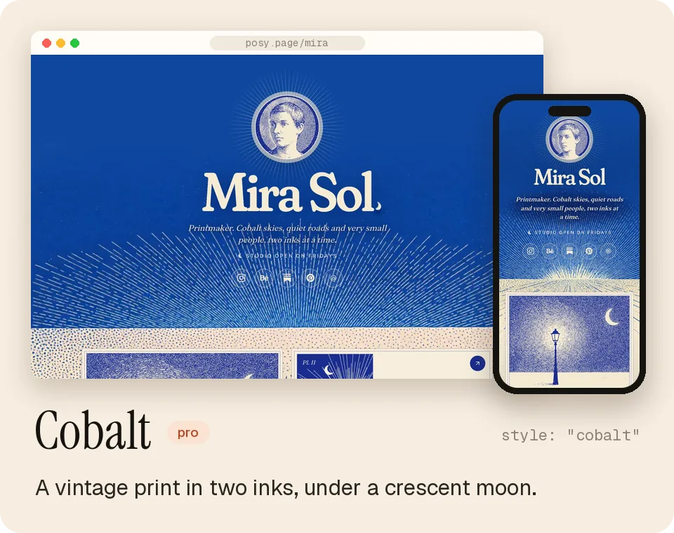 Cobalt: a vintage print in two inks, under a crescent moon.
