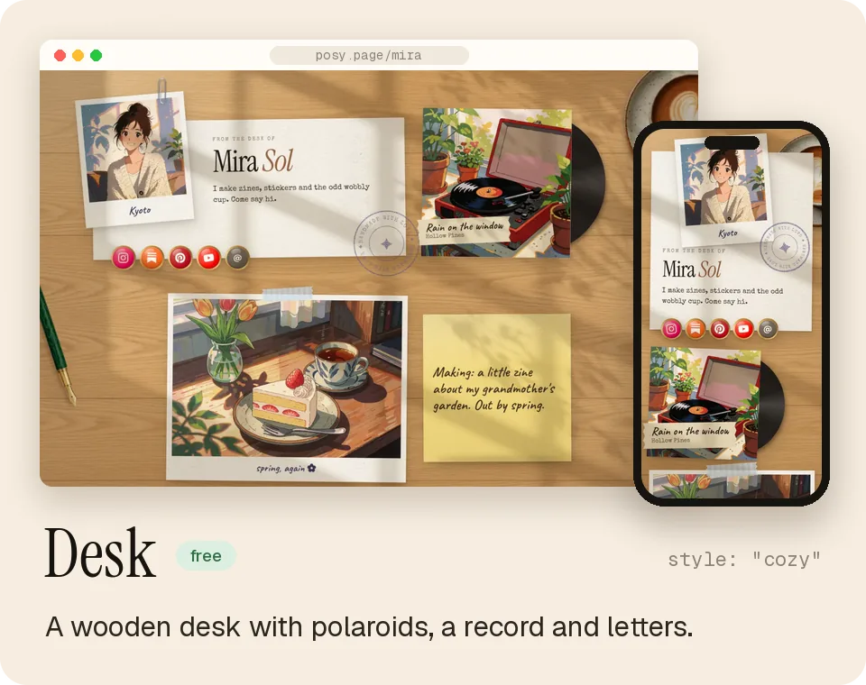 Desk: a wooden desk with polaroids, a record and letters.