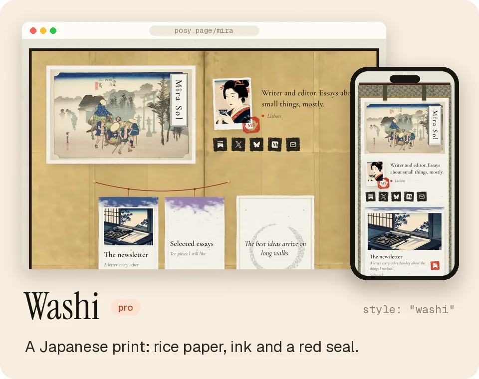 Washi: a Japanese print with rice paper, ink and a red seal.