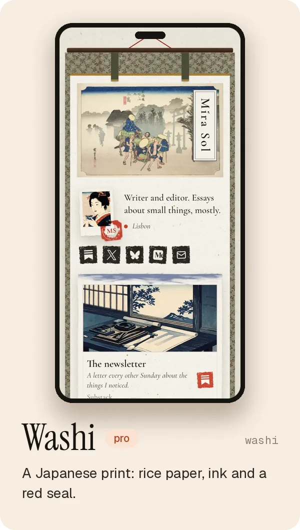 Washi: a Japanese print with rice paper, ink and a red seal.