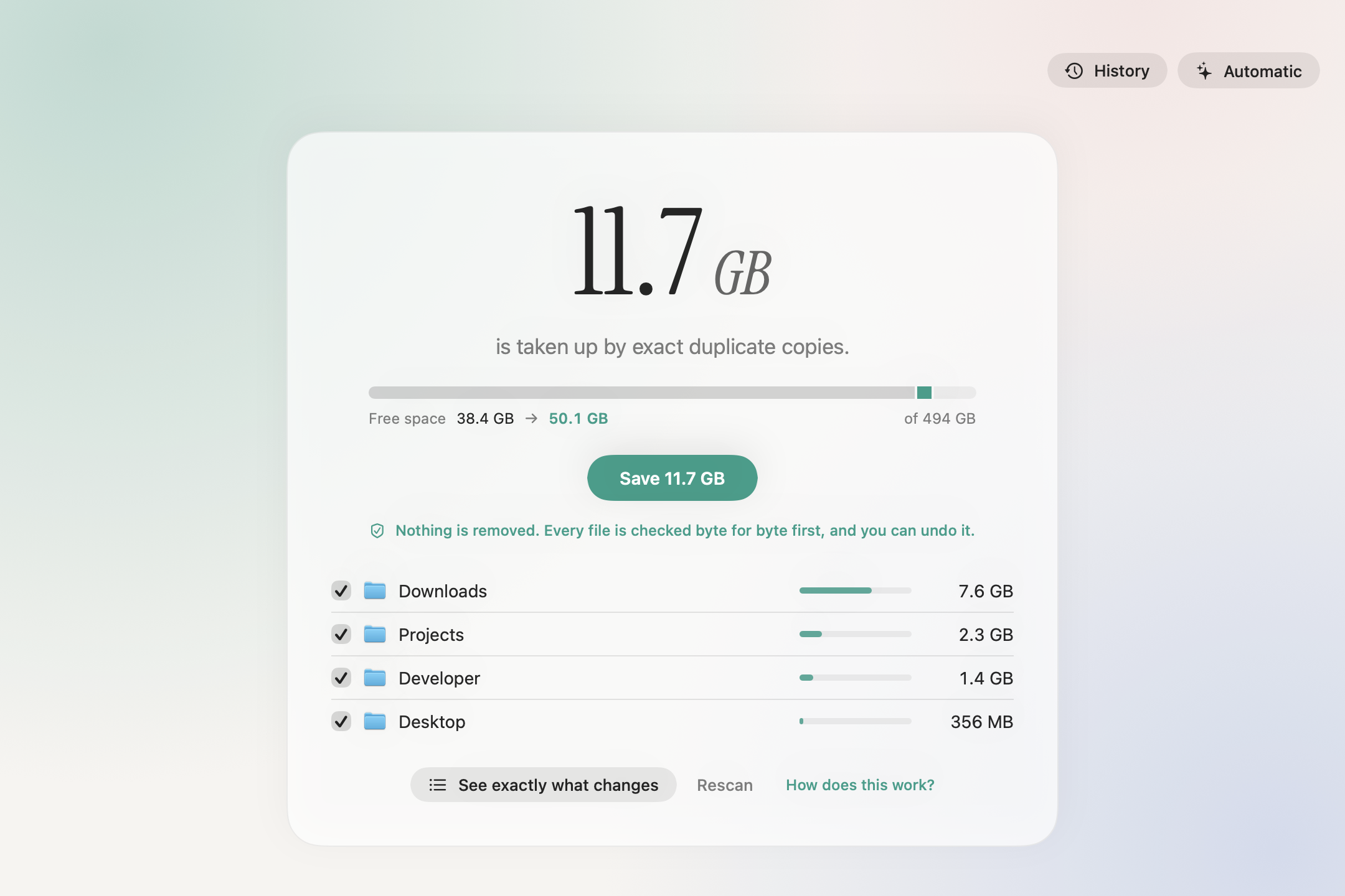Twinfold: 11.7 GB is stored twice on your disk, with a Save button and the folders it's in