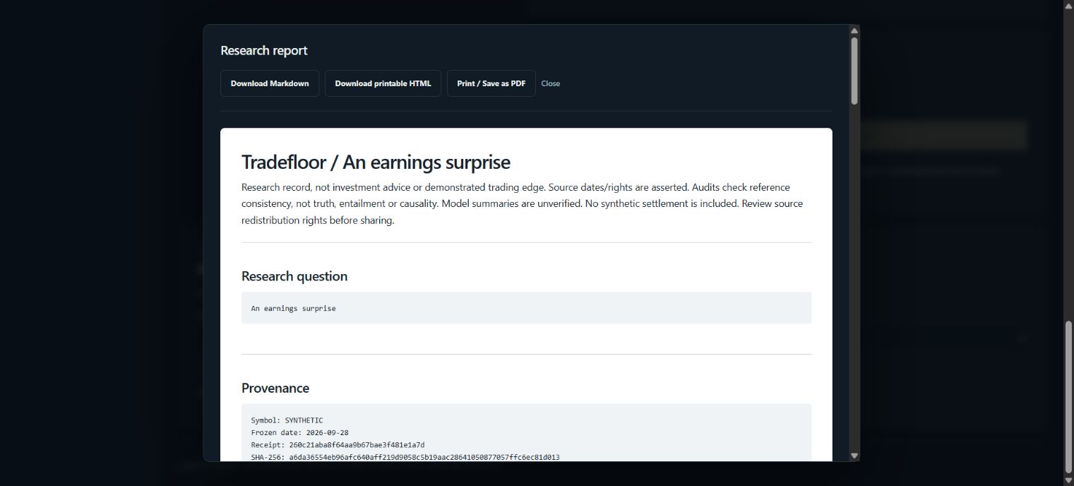 Tradefloor cited report preview, generated from a frozen scenario containing fictional source excerpts.