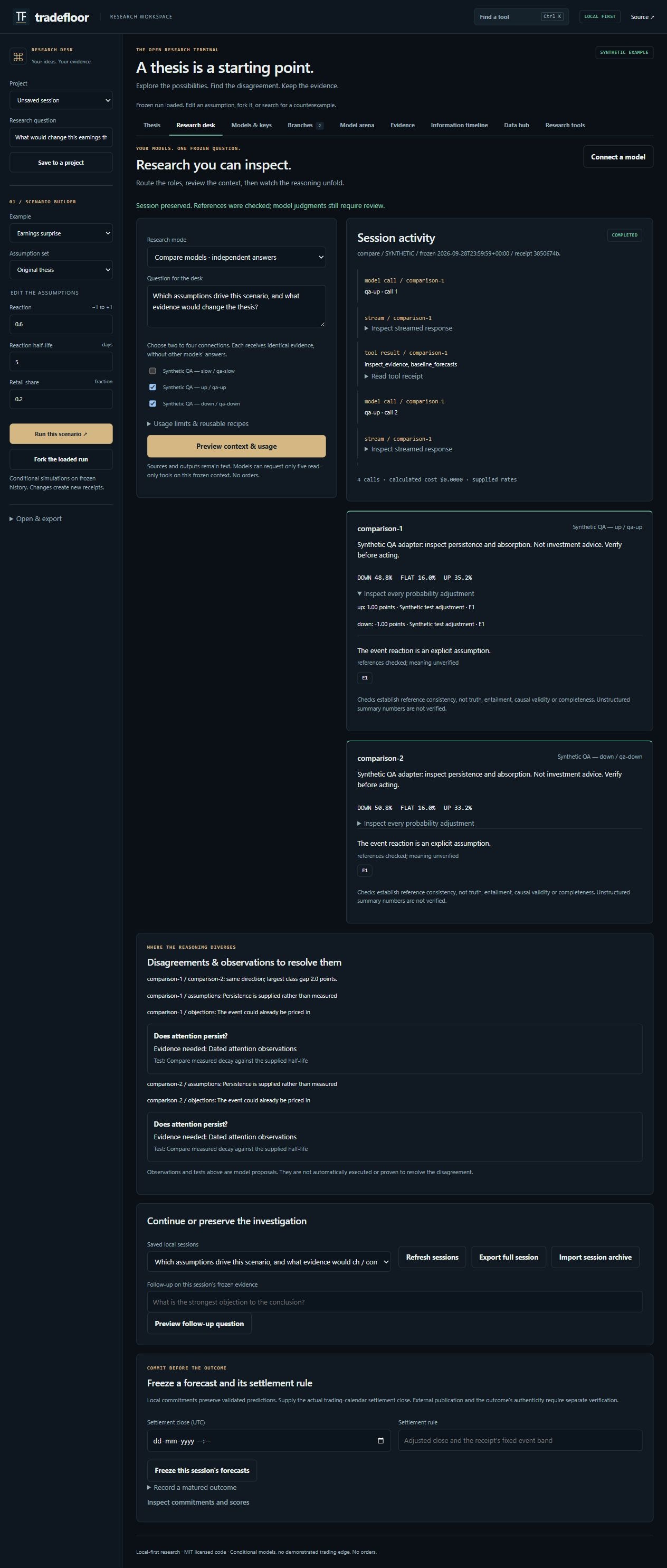 Tradefloor research desk comparing two synthetic QA adapters, with streamed tool activity, inspected probability adjustments and observations to resolve disagreements.