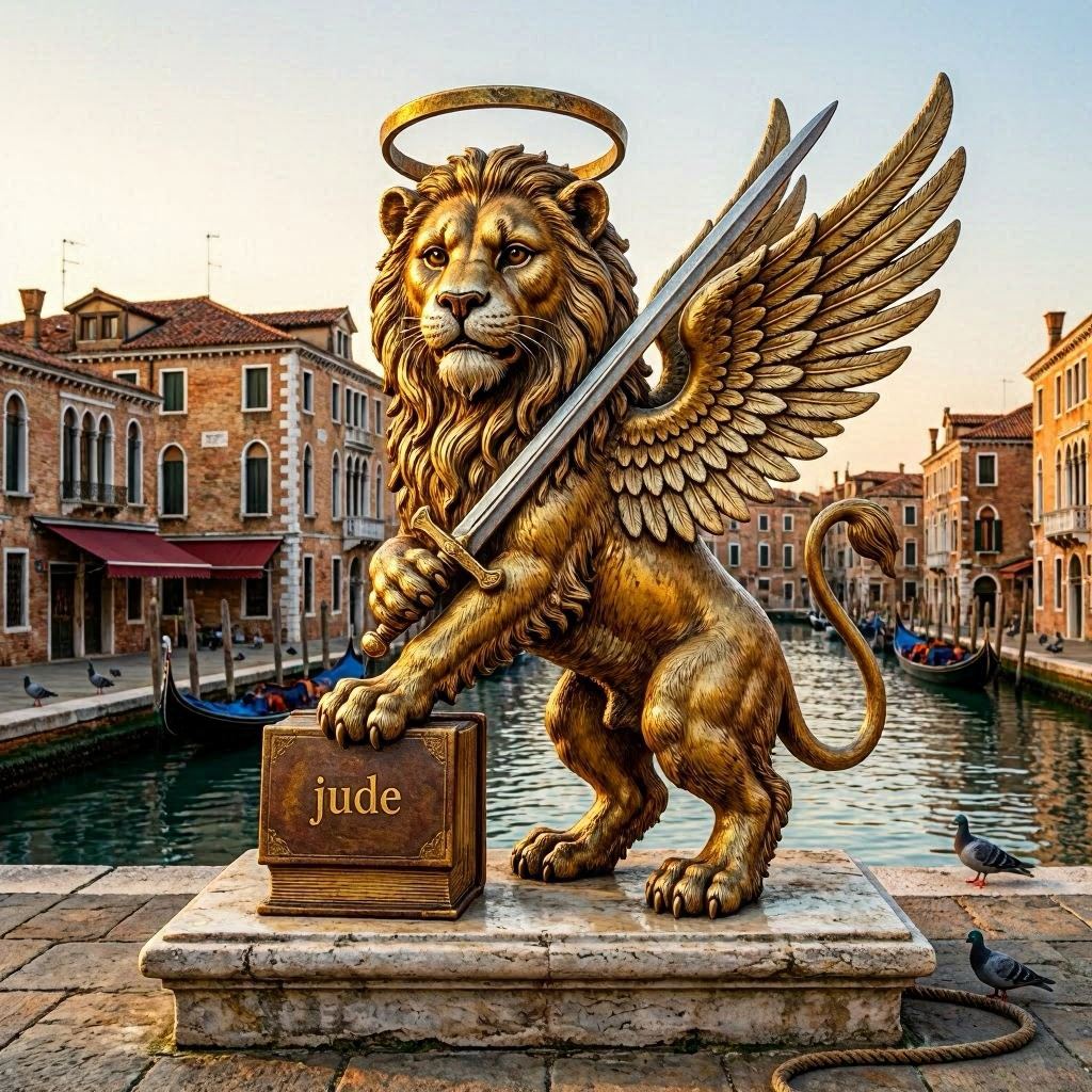 the Serene Lion of St. Mark — sword and the Book of Jude, in the Venetian lagoon