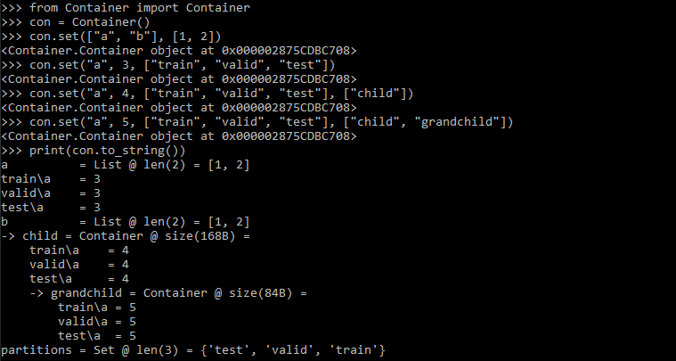 Example usage of the Container class and the resulting data structure