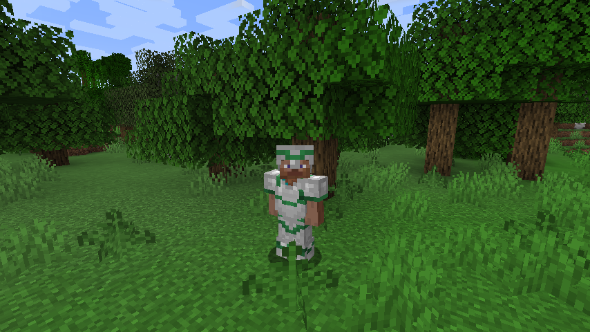 Steve from Minecraft wearing the armor from the mod's logo: Emerald on Iron.