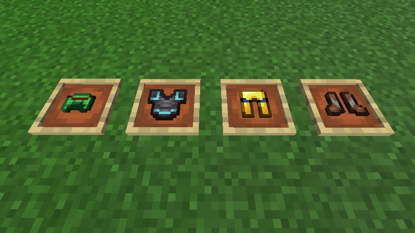From Left to Right: Turtle Shell Helmet trimmed with Redstone, Netherite Chestplate trimmed with Mana Diamond (from Botania), Gold Leggings trimmed with Lapis Lazuli, and Leather Boots trimmed with Nether Quartz. This is the survivor's toolkit. This text that almost no-one will see (unless they use inspect element or actually need a screen reader) is also very long.
