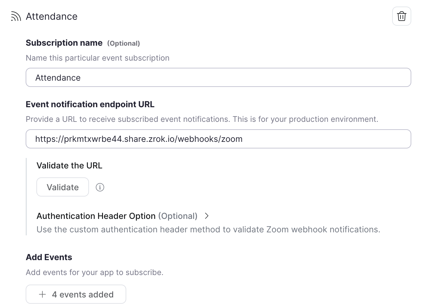 Zoom webhook subscription configuration to validate the endpoint URL