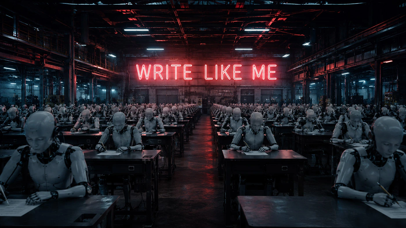 Write Like Me. Rows of robots writing at desks under a neon sign reading WRITE LIKE ME