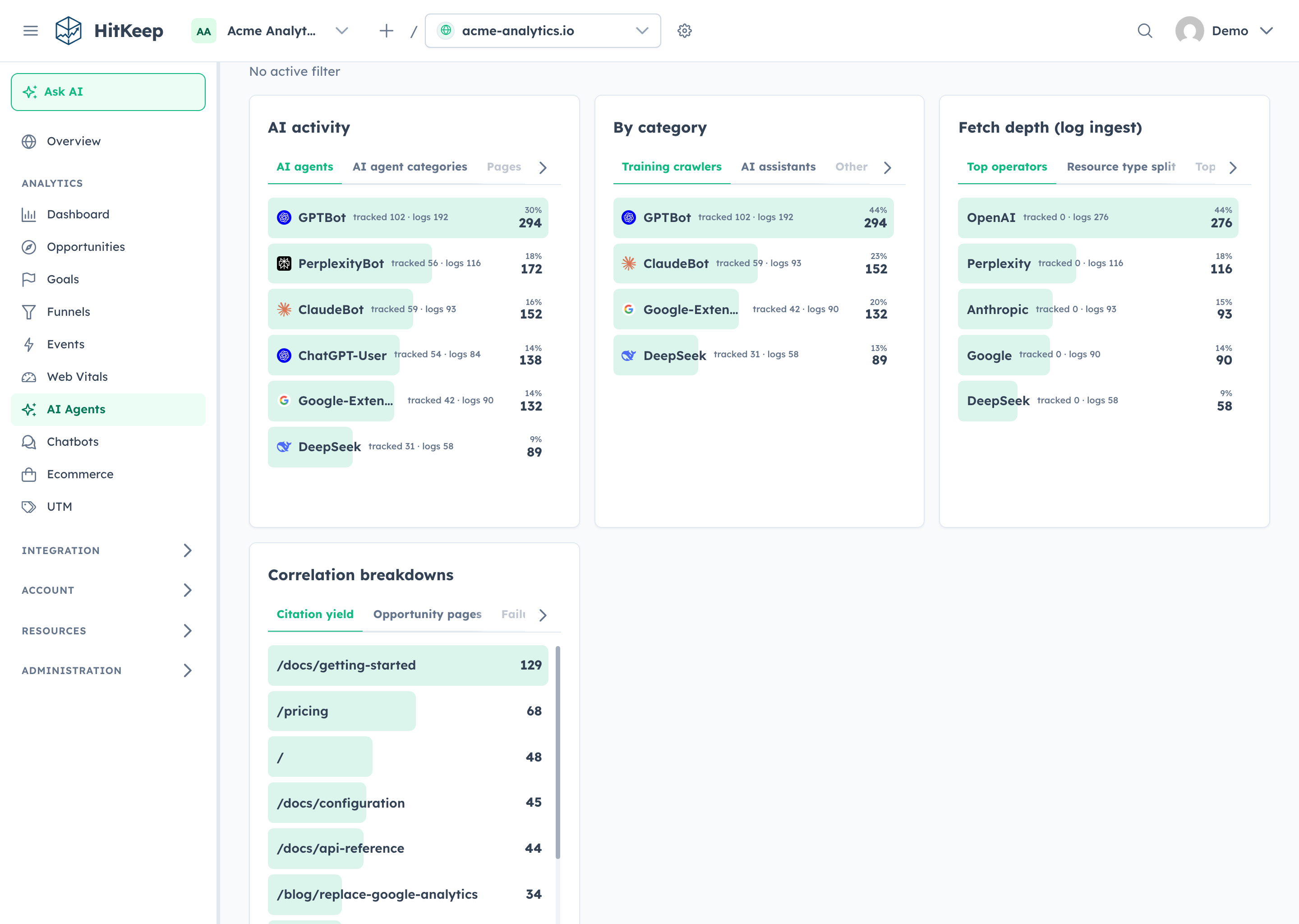 HitKeep AI visibility report separating crawler fetches, AI referrals, and related activity