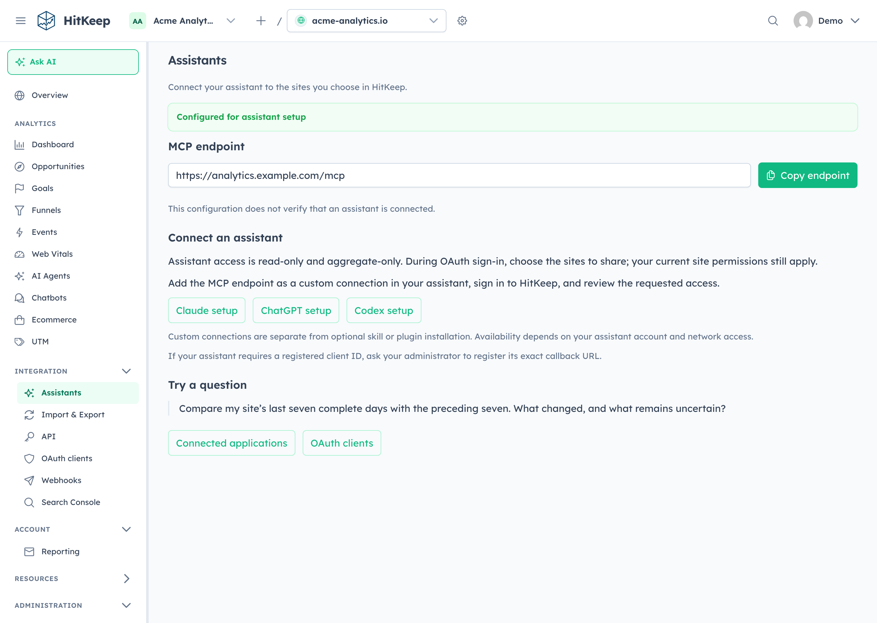HitKeep Assistants setup showing the MCP endpoint, connection guides, and OAuth access controls
