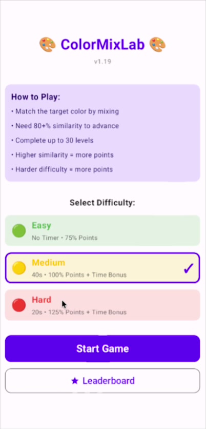 Start screen with difficulty selector