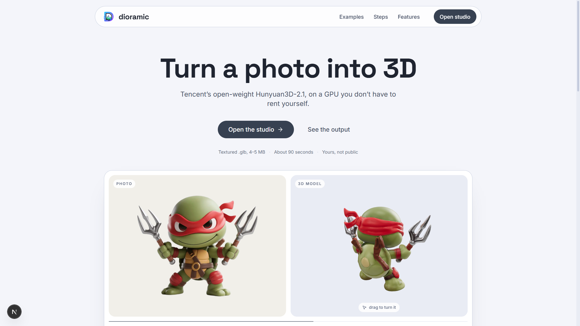 The landing page: a photo of a figurine beside the mesh generated from it