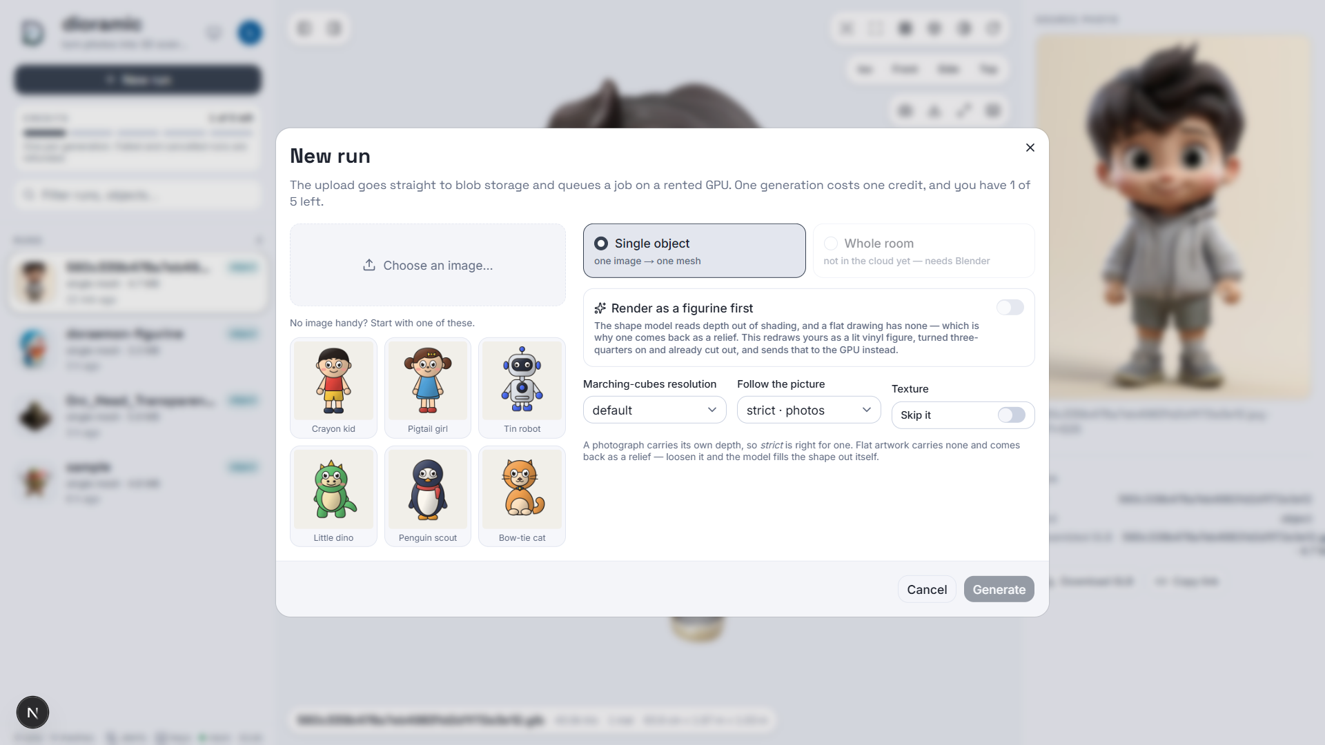 The New run dialog: image picker with six starter characters, single-object mode, the figurine toggle, and the resolution, guidance and texture controls