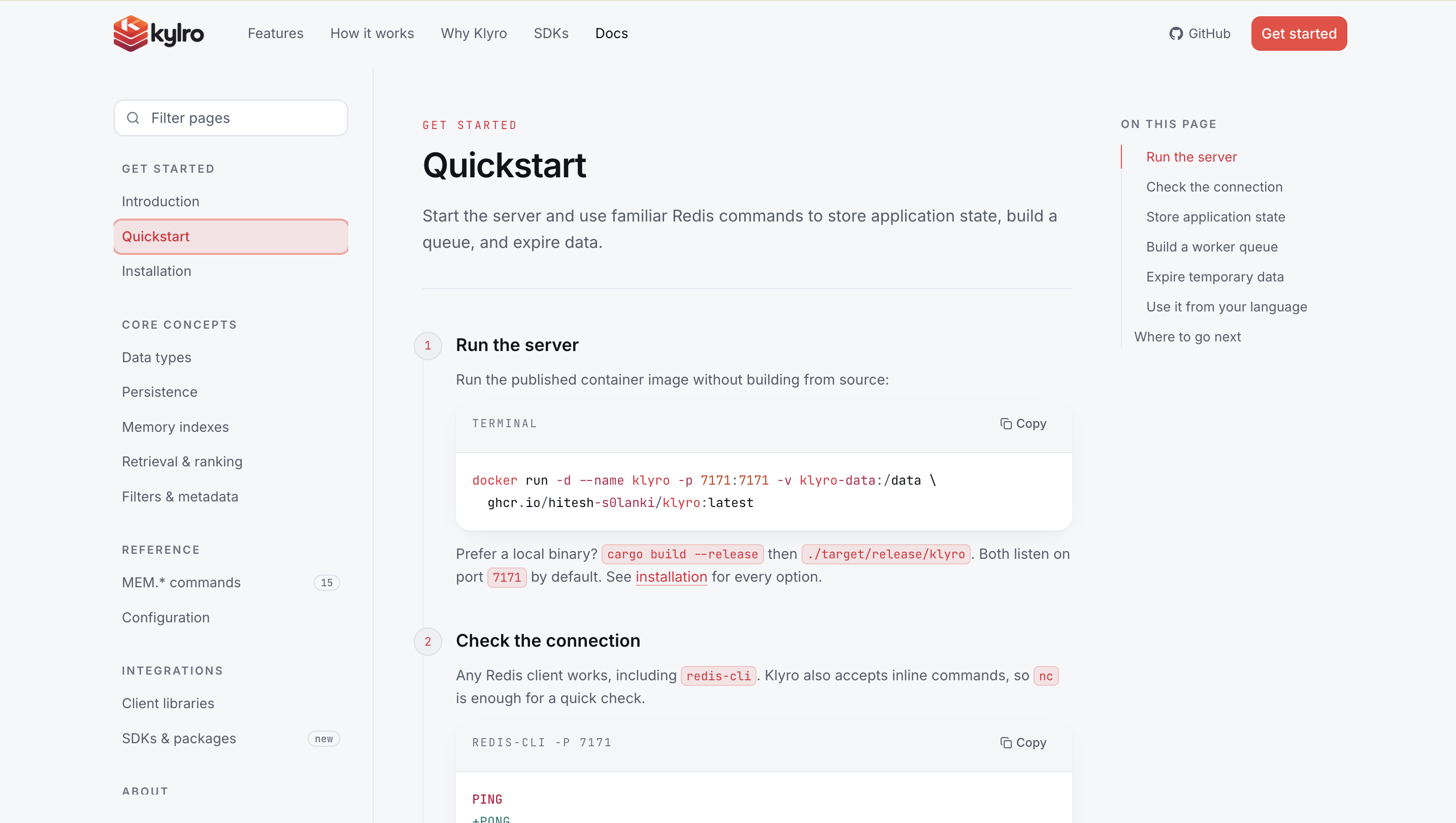 Klyro quickstart documentation showing navigation and Docker setup