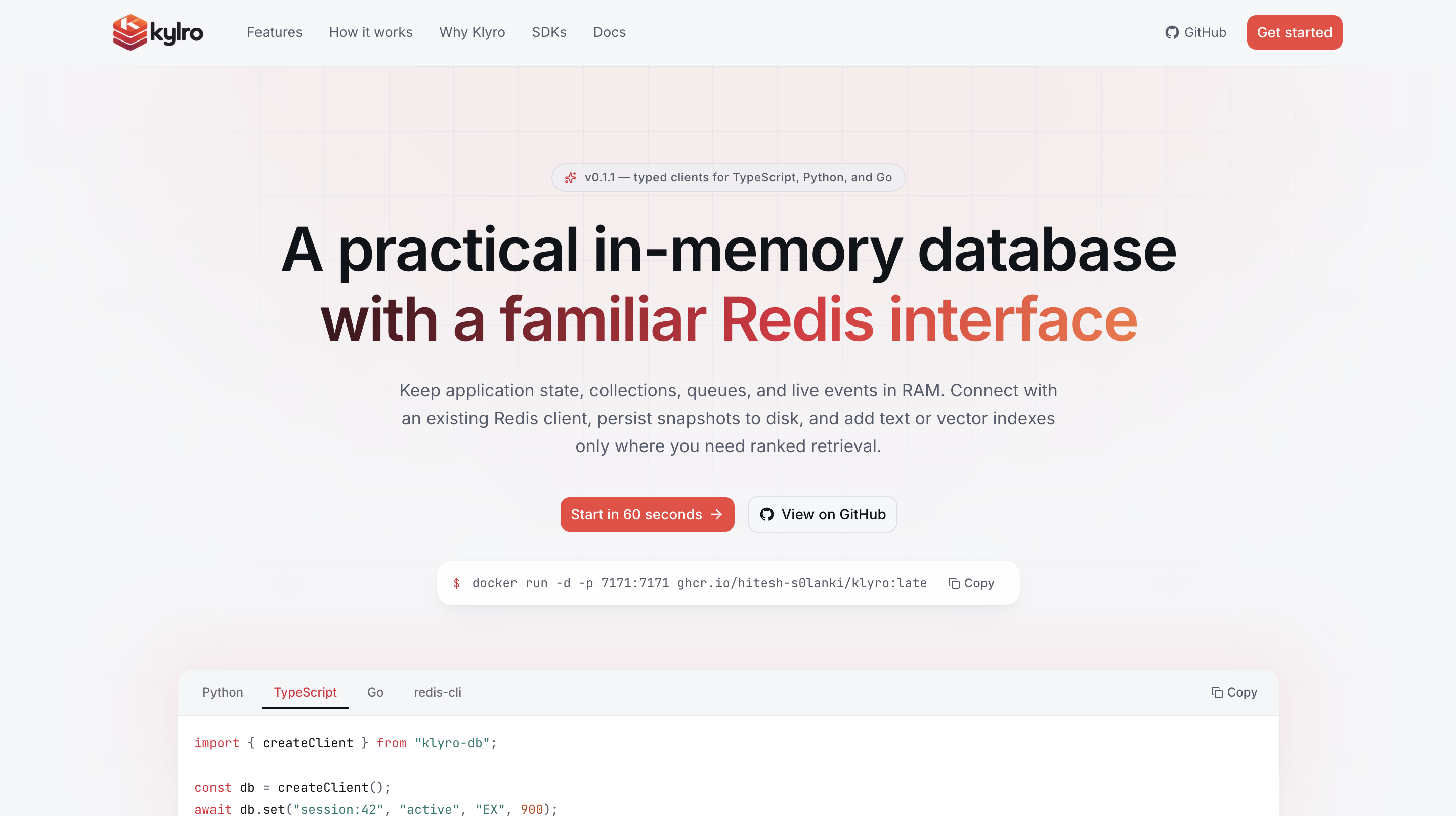 Klyro homepage showing the Redis-compatible in-memory database and typed client examples
