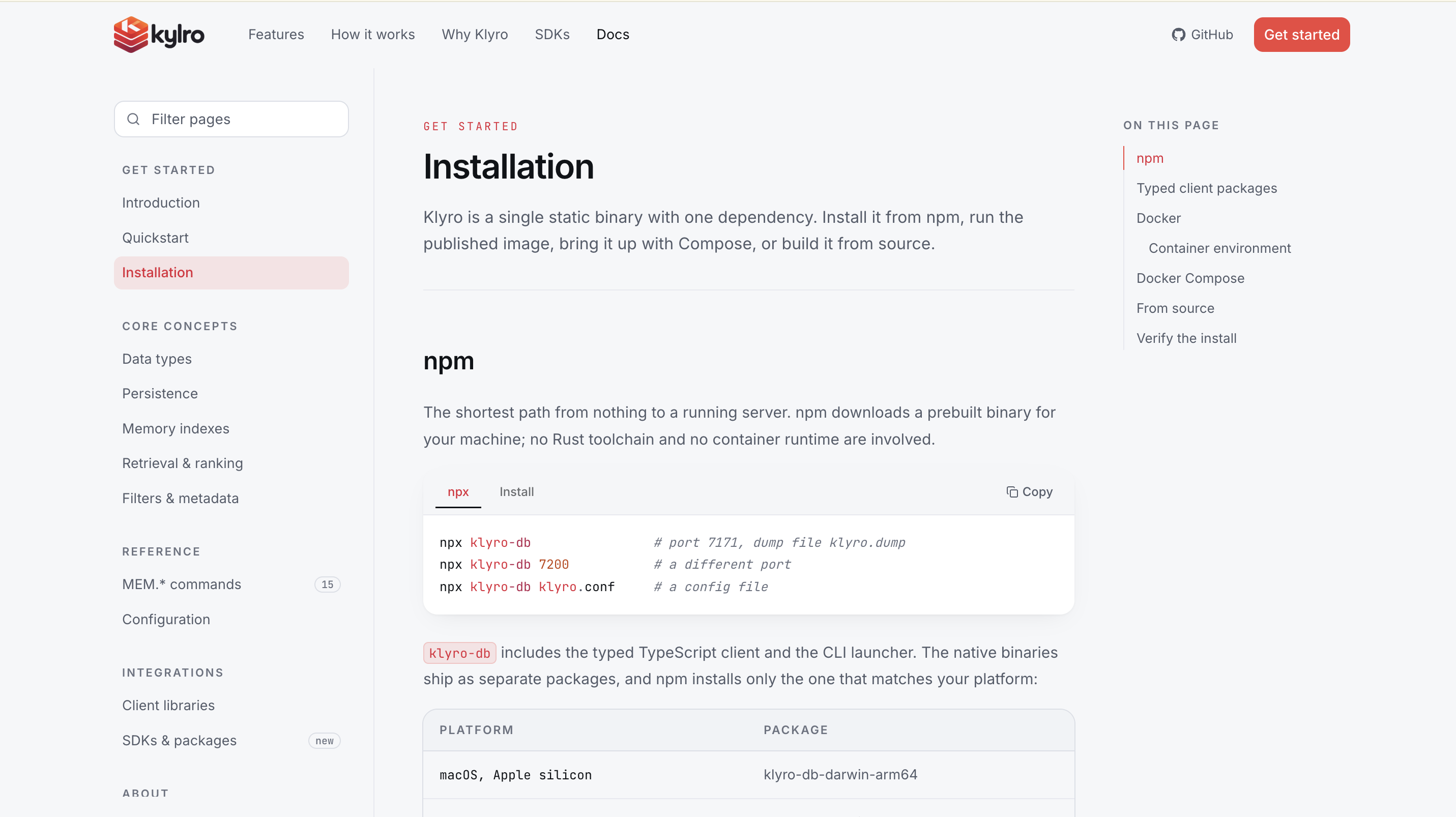 Klyro installation documentation with npm and platform package instructions