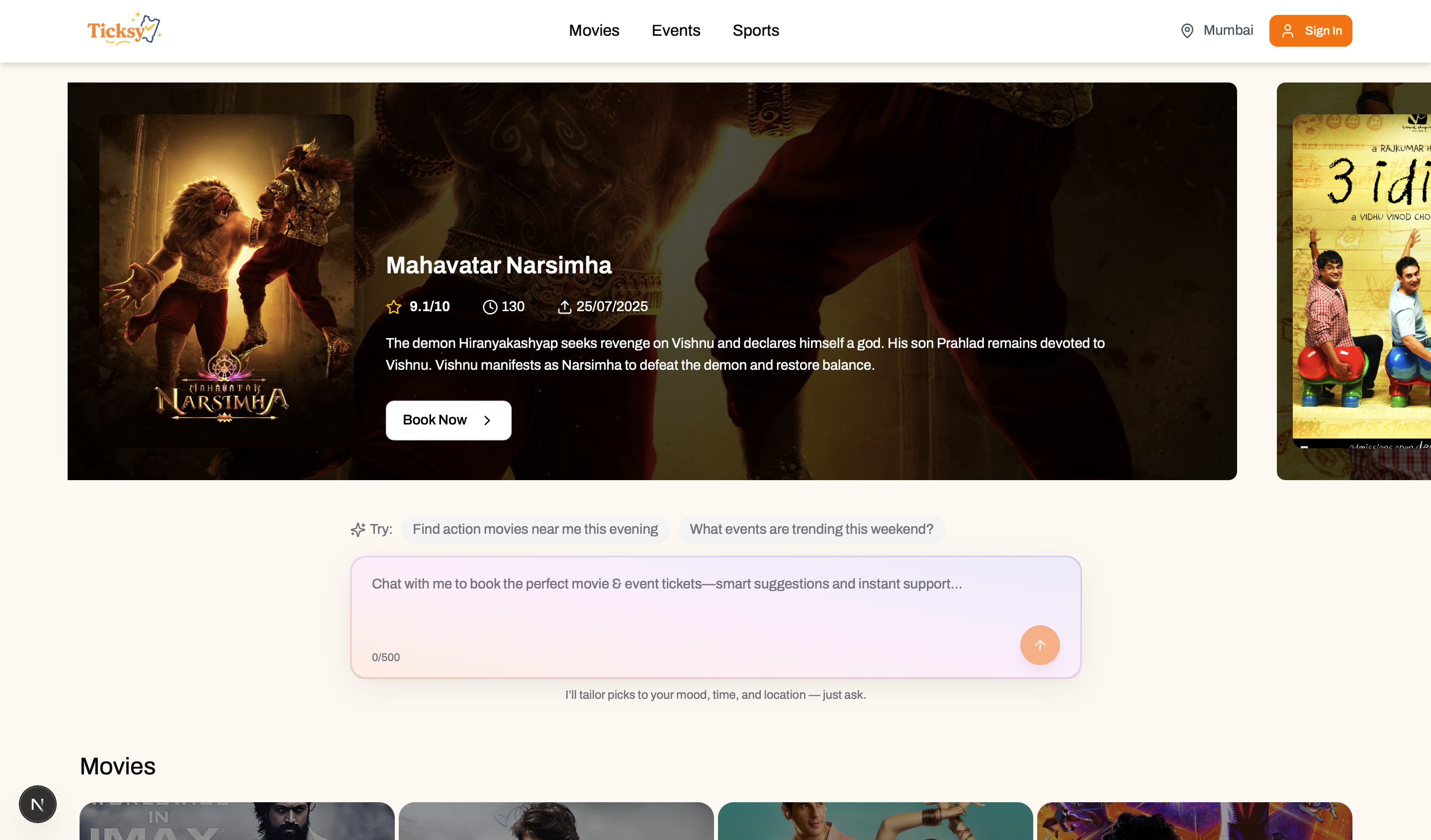 Home page showcasing featured movies