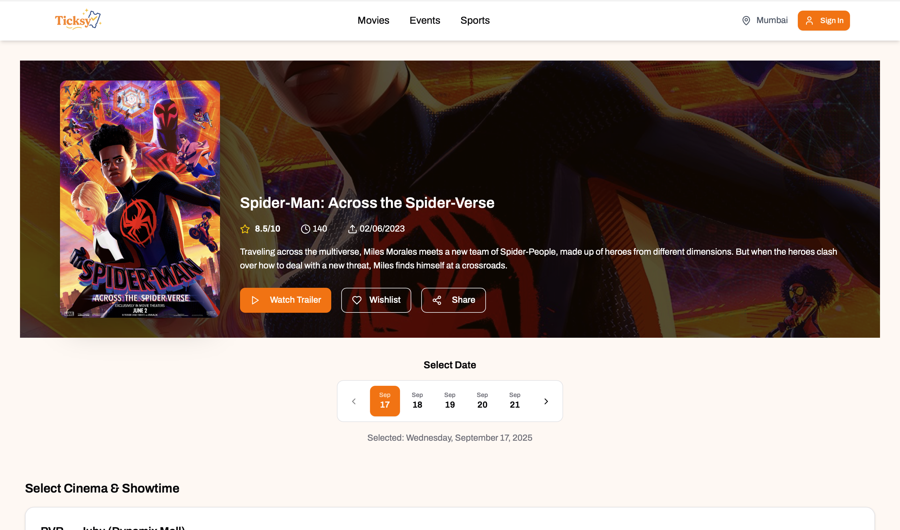Movie detail screen with showtimes and booking actions