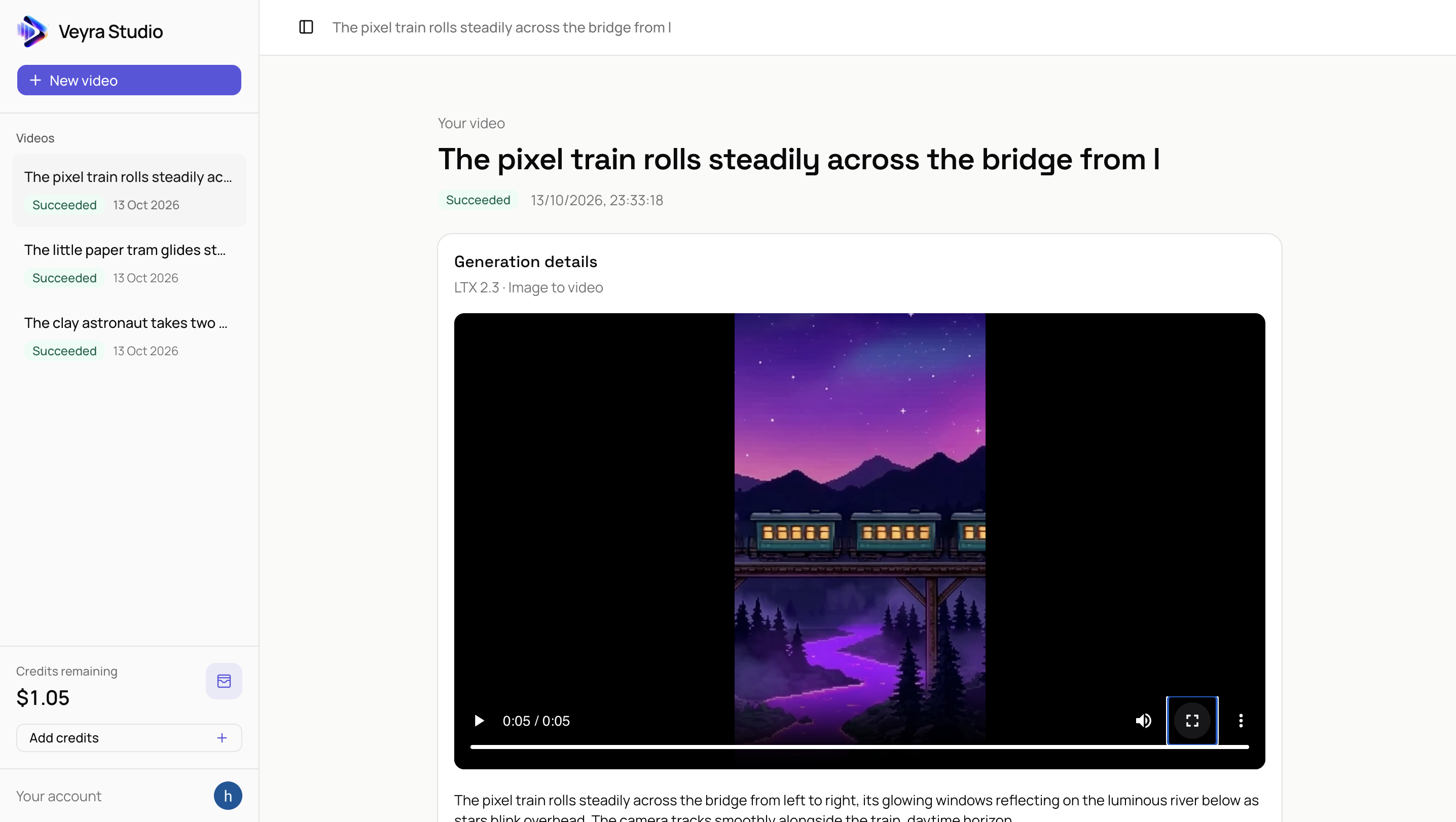 Completed video page with playback and generation details