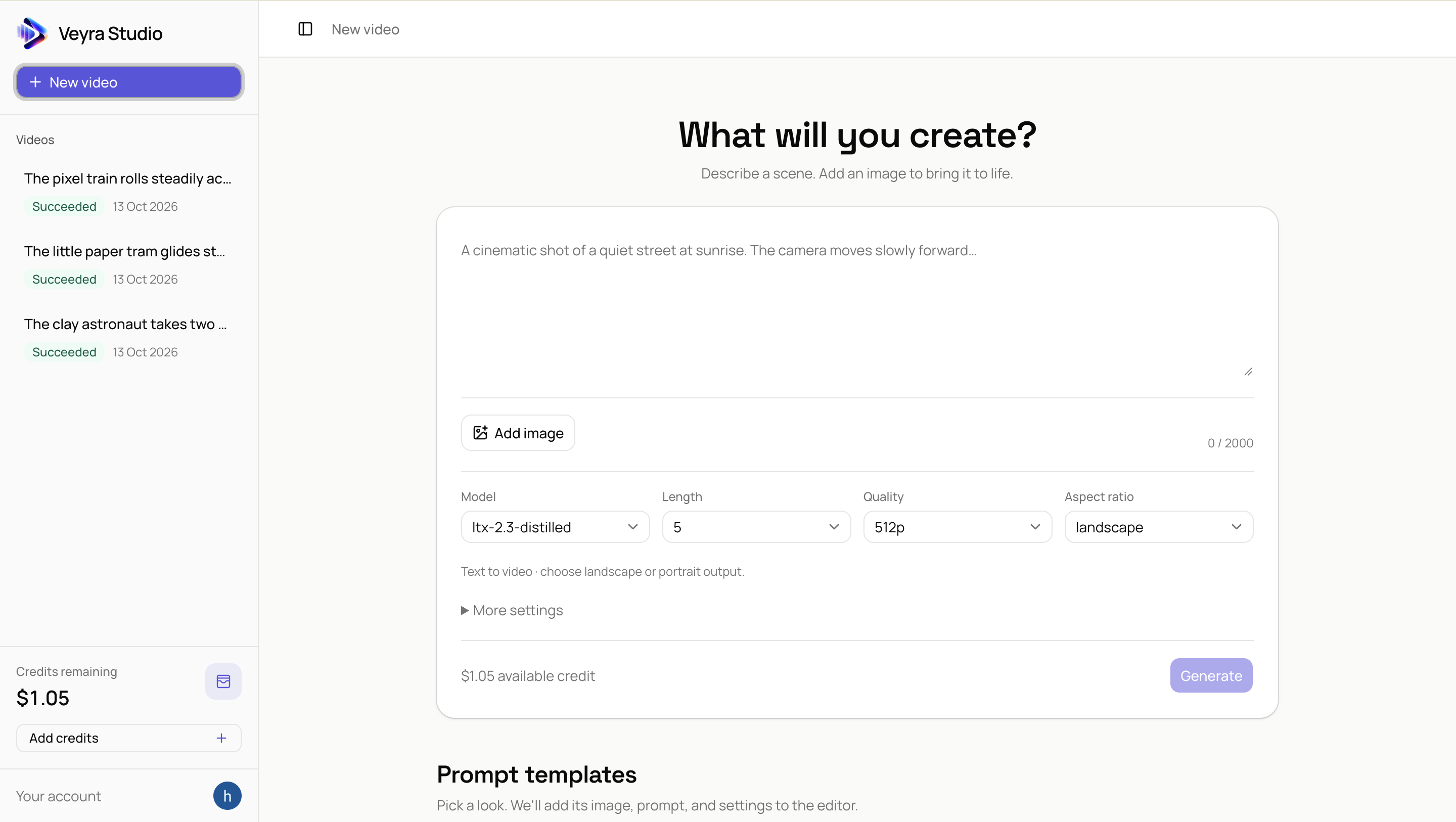 Video composer with prompt, model, quality, and aspect ratio controls