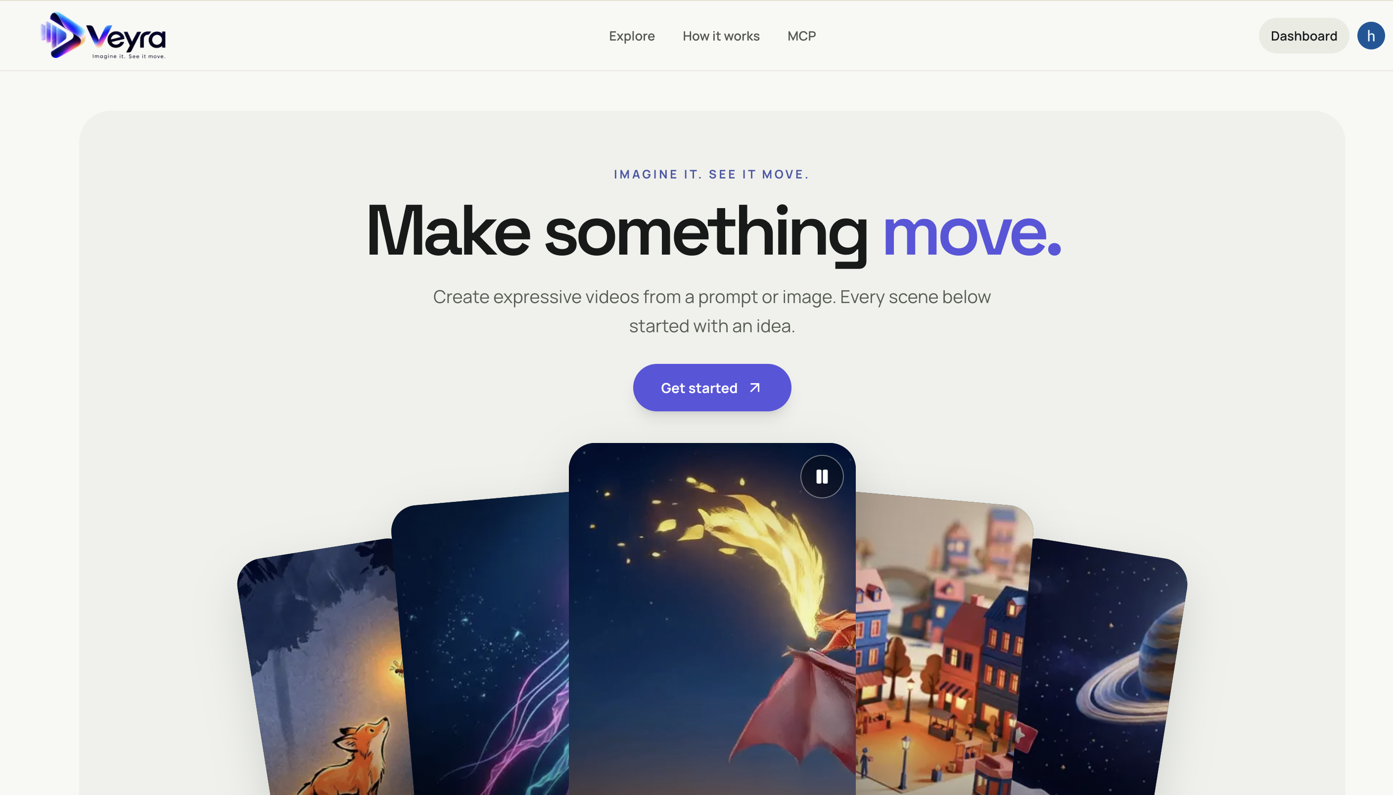 Veyra landing page with the video showcase