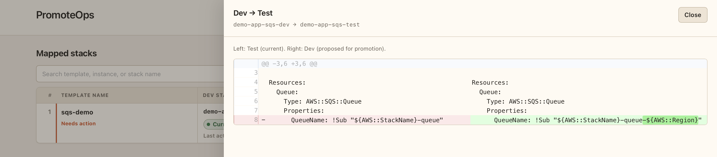 Diff view between dev and test