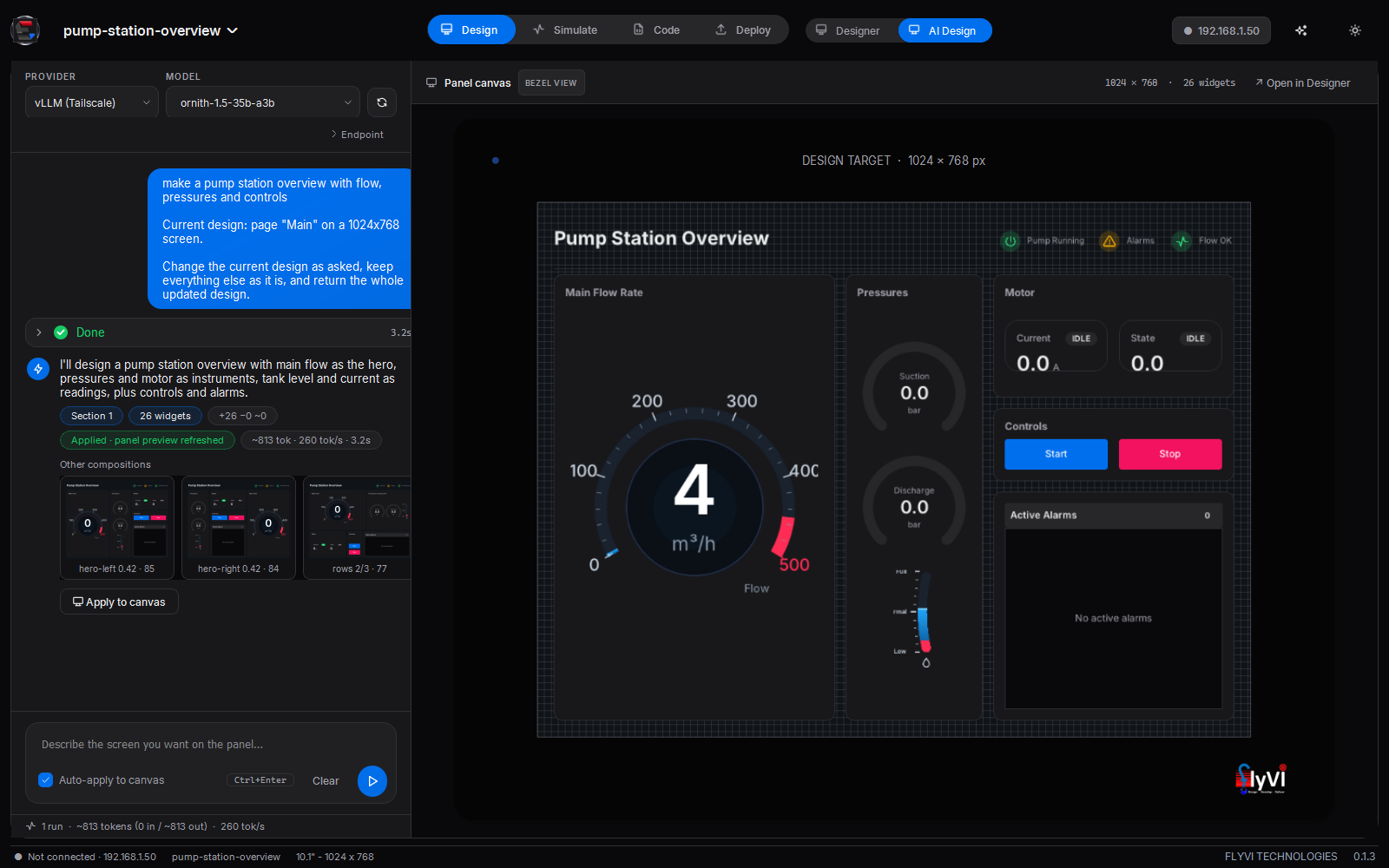 AI Design: the brief, the finished turn with its runner-up layouts, and the compiled screen