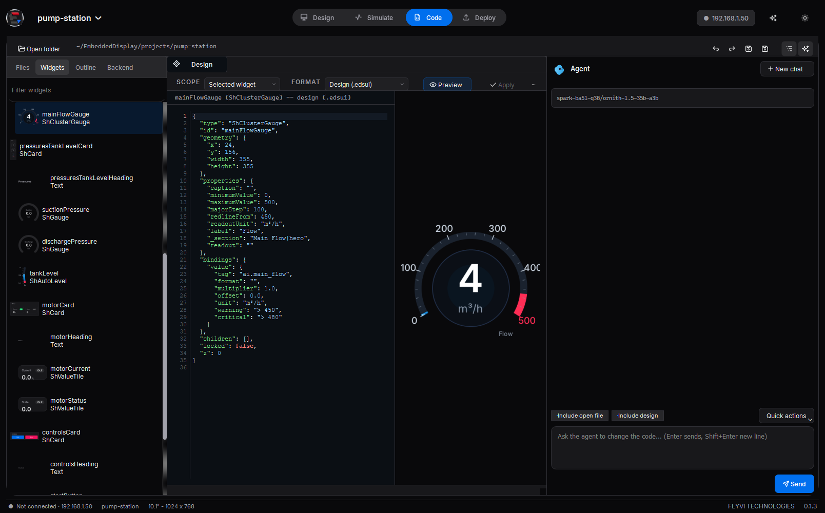 Code mode: the widgets, a gauge's design JSON beside its render, and the coding agent