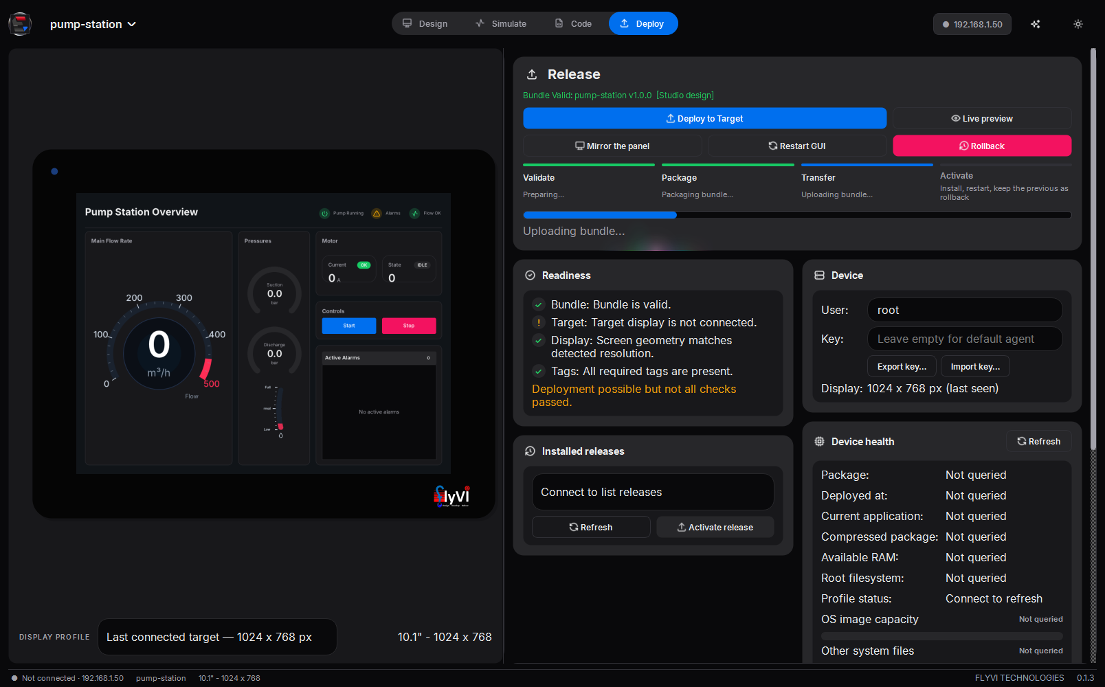 Deploy mode: release card, the four deploy steps mid-transfer, readiness, device and its health
