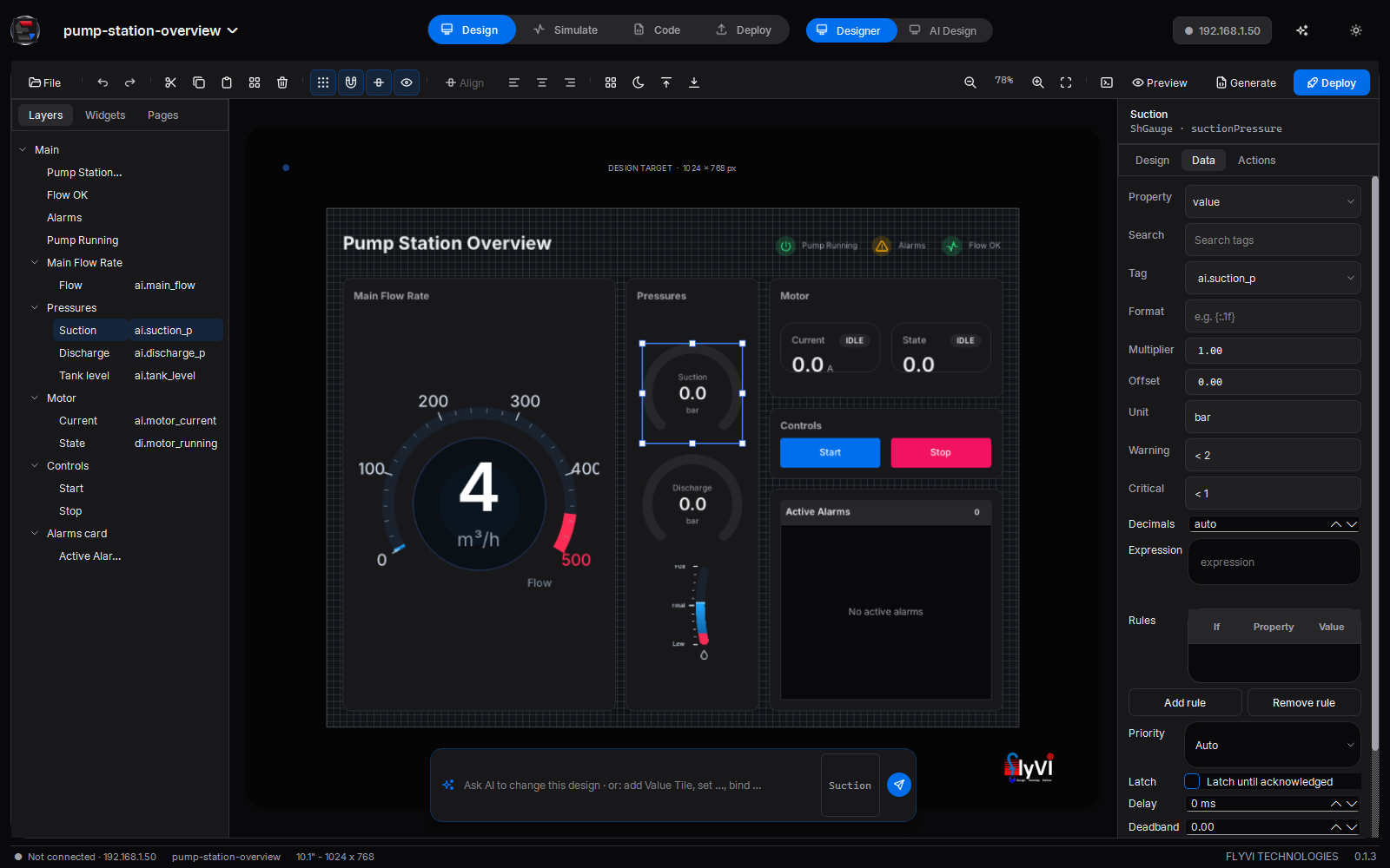 The Data tab for the suction gauge: tag, format, multiplier, offset, unit, warning and critical thresholds, decimals, expression, rules and alarm options