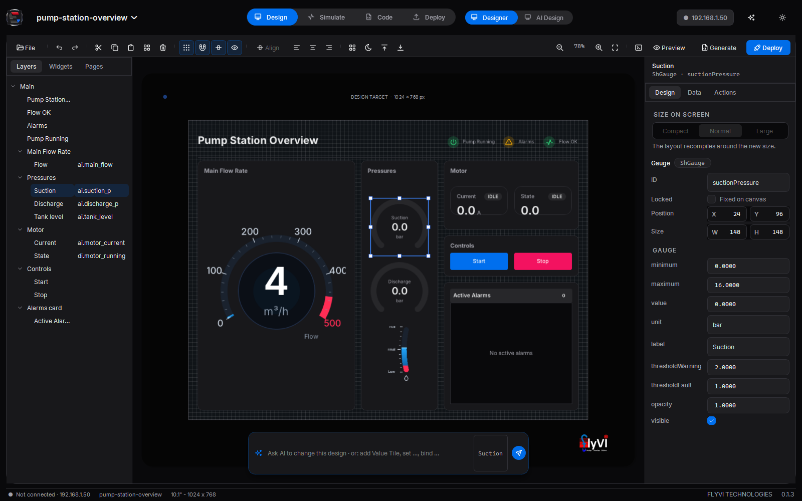 Studio 0.1.3 in Design mode: a pump station overview laid out by the AI layout compiler, the suction gauge selected, layers on the left, Size on screen and the gauge's properties on the right, and the AI composer under the canvas
