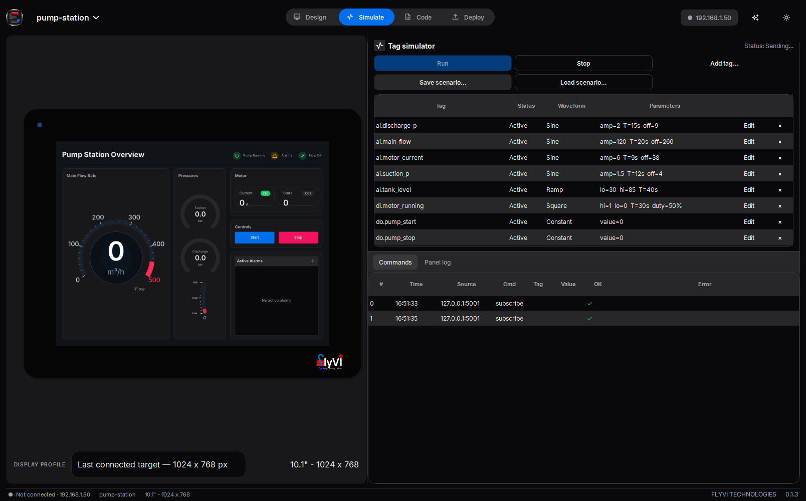 Simulate: Tag Lab driving the design's tags beside the panel