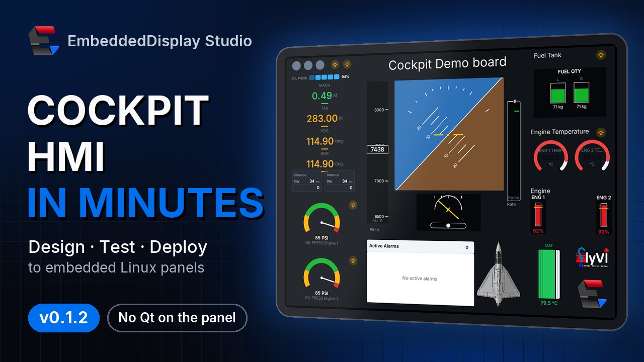 Watch the two-minute tour of EmbeddedDisplay Studio on YouTube: the Cockpit Demo board flying live on a panel
