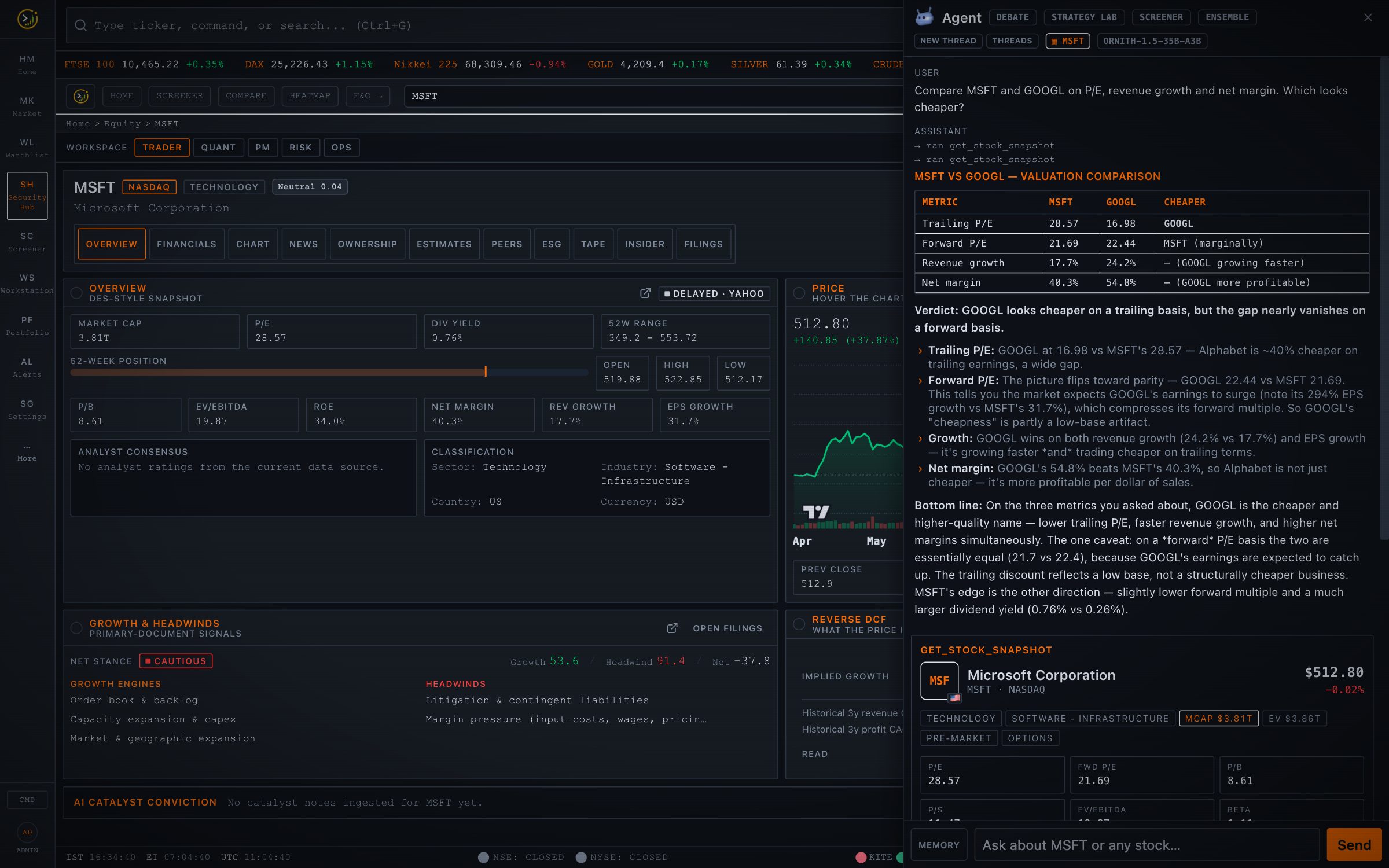 AI agent comparing MSFT and GOOGL using live tool calls