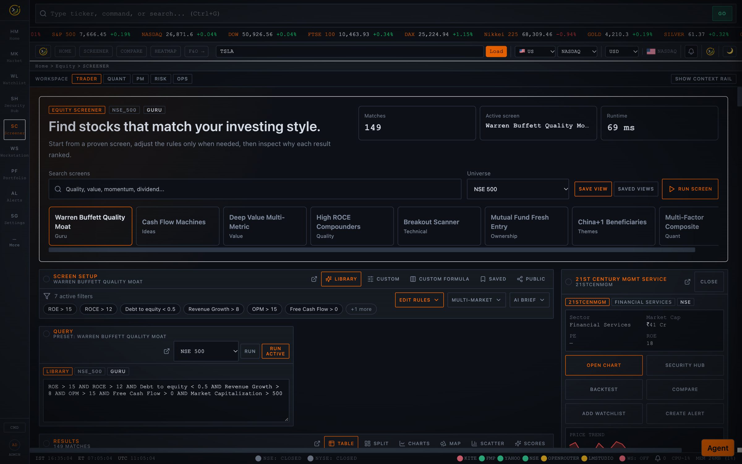 Screener with guru presets and multi-market scan
