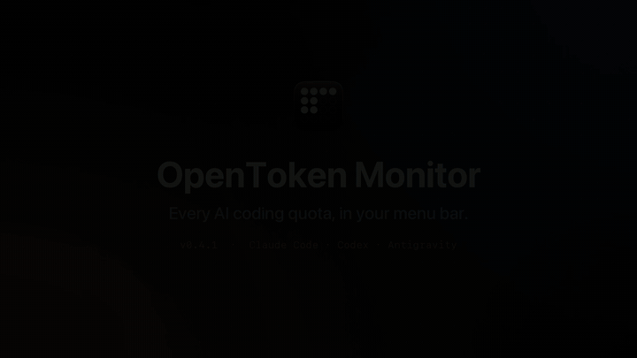 30-second demo of OpenToken Monitor 0.4.1: menu-bar usage rings, provider detail, overview, projects and compare