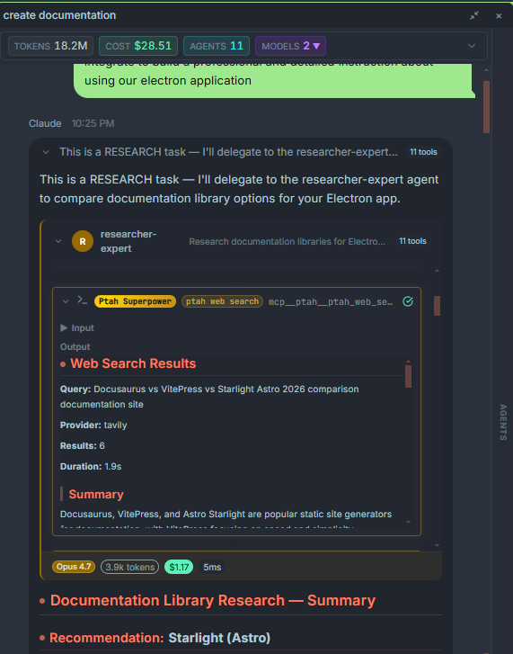 Execution tree with sub-agent delegation, tokens, and cost