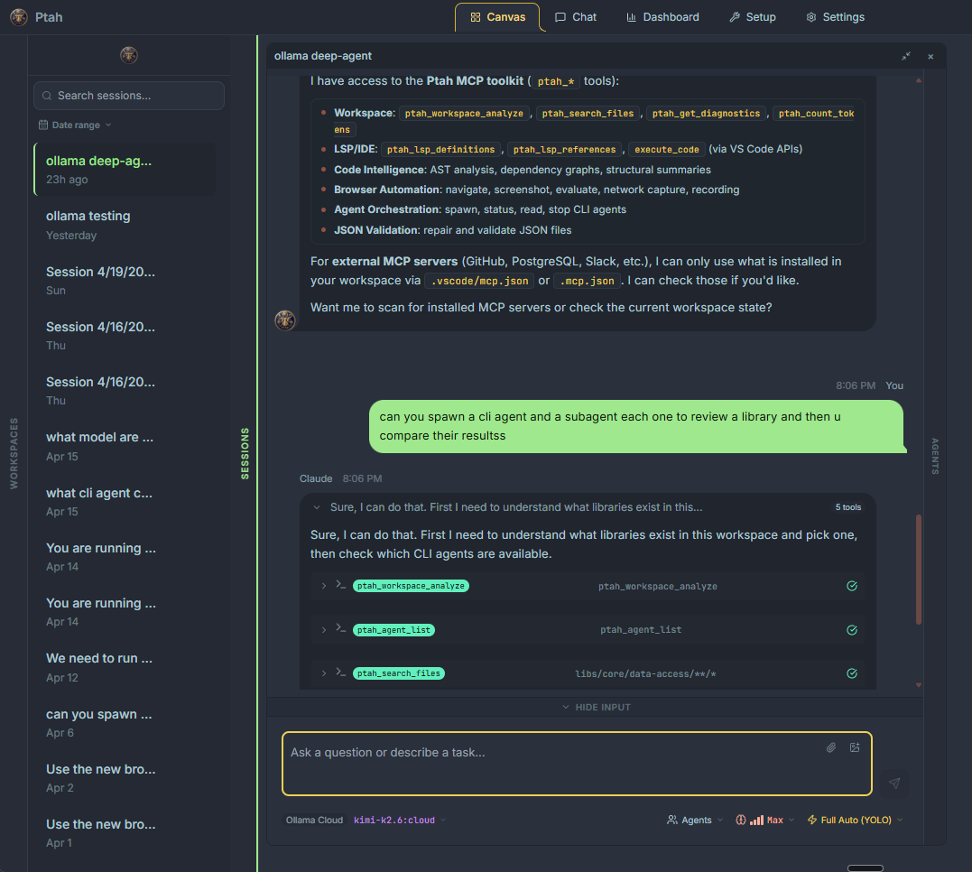 Ptah chat with the built-in tool catalog