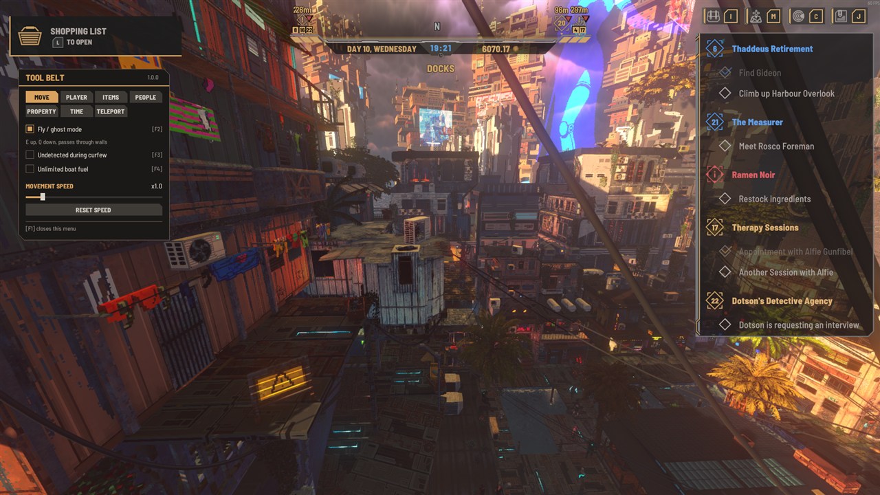 The tool belt menu open while flying over the Docks