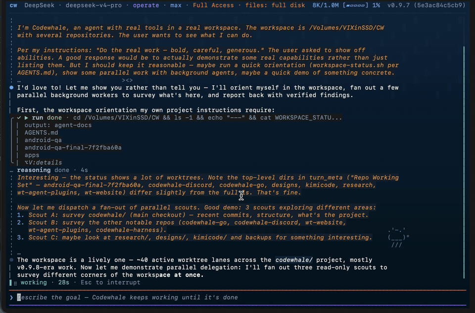 Codewhale fanning out three read-only scout subagents in a terminal