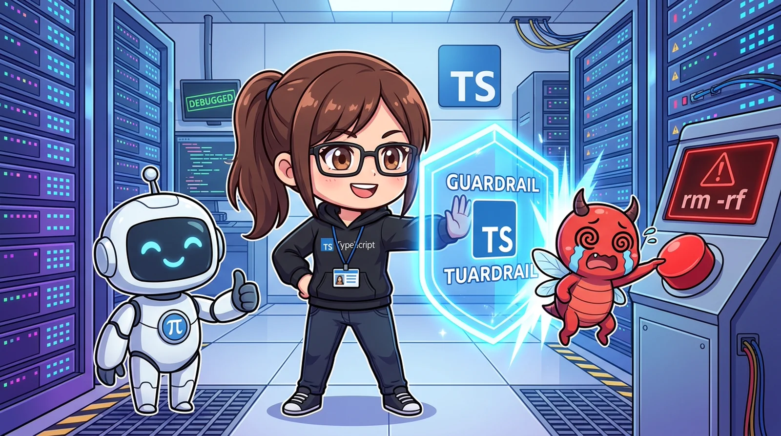 Chibi developer với khiên chắn TypeScript Guardrail chặn đứng lệnh rm -rf nguy hiểm