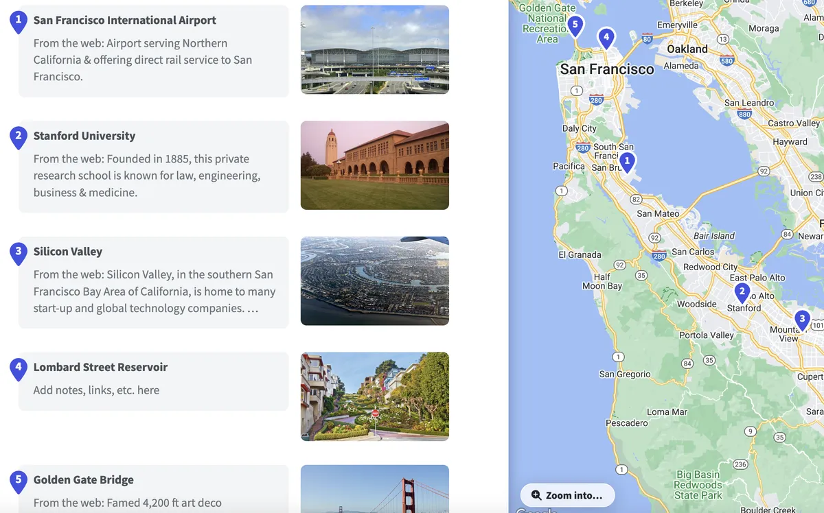 Screenshot of my itinerary