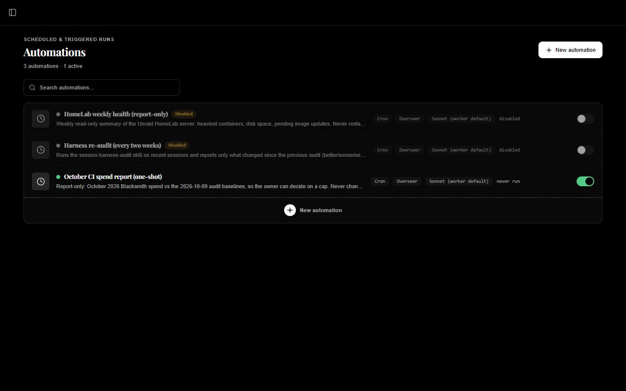 Automations page with scheduled agent tasks