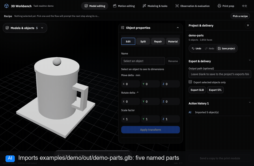 Select a cup part in the 3D Workbench, let the agent edit it, then undo