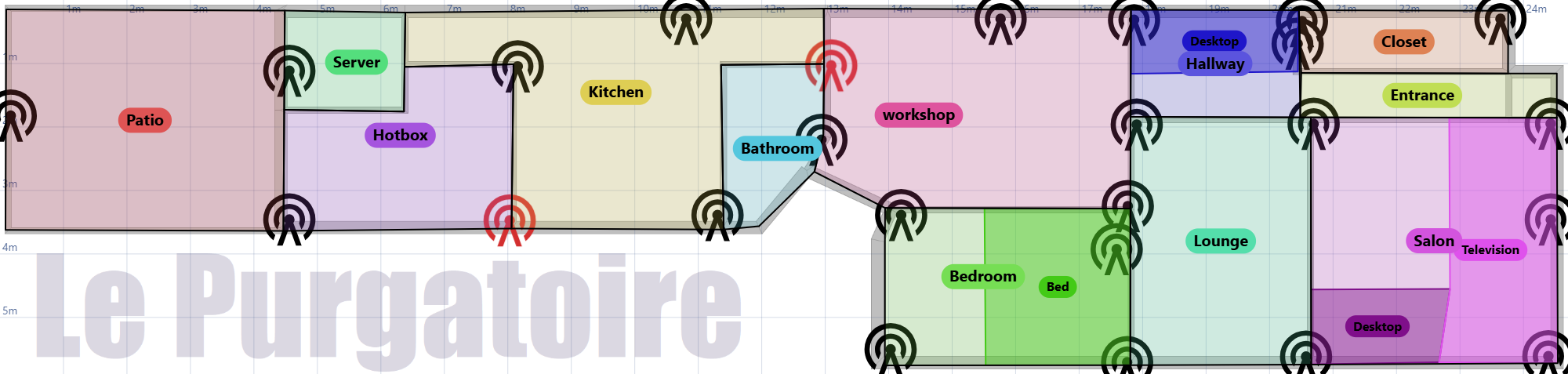 A floor plan with every zone in a distinct translucent colour, room names in matching colour pills, and sub-zones (Bed, Desktop, Television) drawn as darker shades of their parent zone