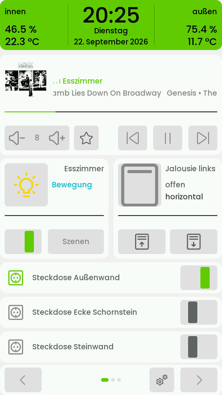 Bedienung am Gerät: Theme-Wechsel, Übersicht, Audio-Cover