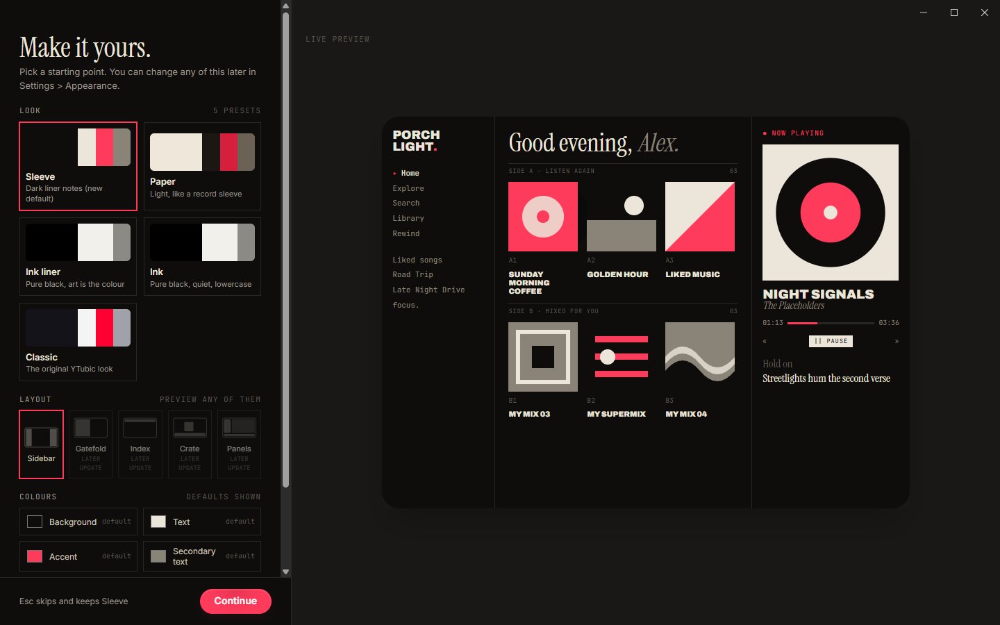 The Make it yours picker with a live preview of the library